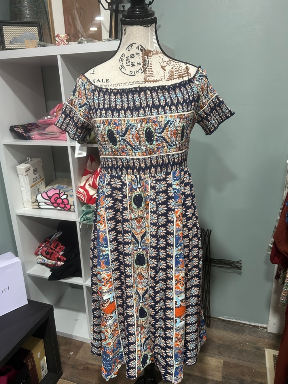 Smocked Off-Shoulder Midi Dress in Navy Floral